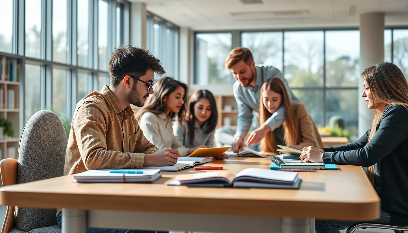 Students studying together in modern classroom